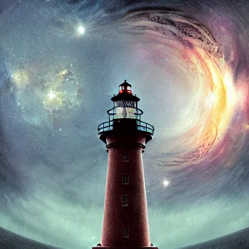 Image similar to the lighthouse in the middle of the galaxy , wide angle shot, diffuse lighting, fantasy, intricate, elegant, highly detailed, lifelike, photorealistic, digital painting, illustration, concept art, smooth, sharp focus, A24!film cinematography