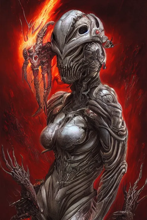 Image similar to portrait of samus metroid by hr giger, greg rutkowski and wayne barlowe as a diablo, dark souls, bloodborne monster, veiled necromancer lich bride