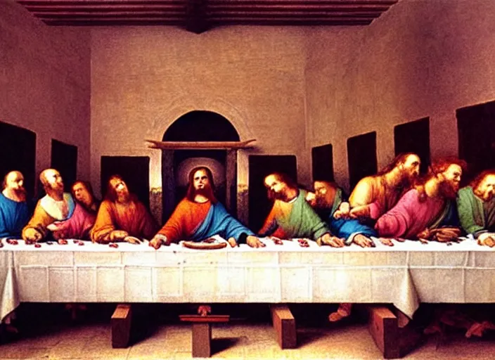 Prompt: Computer LAN party of the last supper painting by Leonardo Da Vinci, oil painting