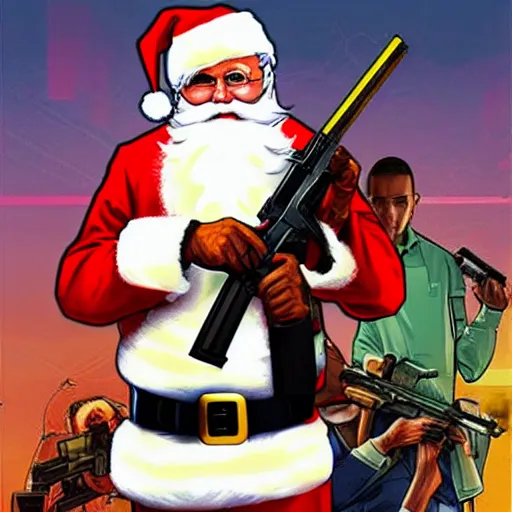 Prompt: Santa holding an ak-47 in the style of gta V cover art