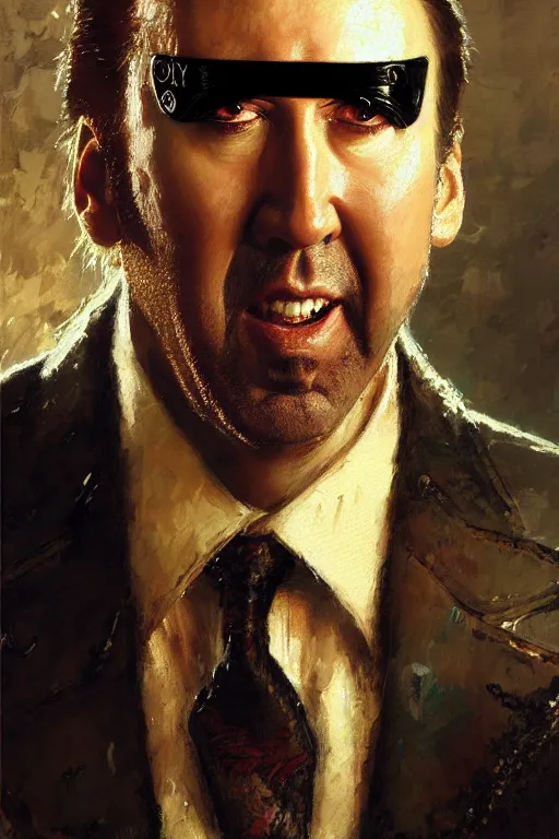 Image similar to nic cage pickle wearing an eye patch and a suit and tie extreme detail portrait dnd, painting by gaston bussiere, craig mullins, greg rutkowski, yoji shinkawa