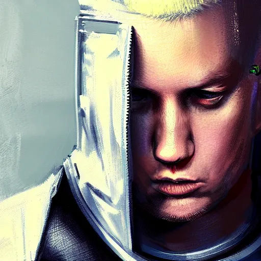 Image similar to portrait of eminem as a shocked man by greg rutkowski, he is about 3 0 years old, short blond hair, athletic and strong, straight jaw, wearing futuristic timepunk space gear, highly detailed portrait, digital painting, artstation, concept art, smooth, sharp foccus ilustration, artstation hq.