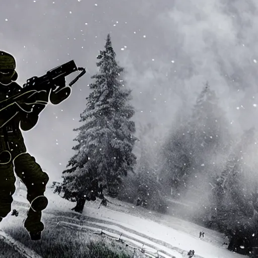 Image similar to snowy fields, snowy trees, partisans with guns, humanoid robots with machine guns, billowing smoke in the distance