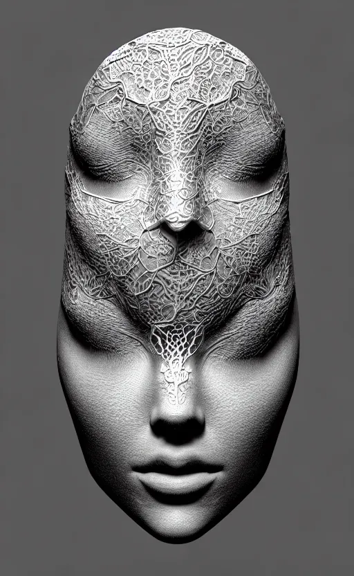 Prompt: [ [ [ tintype ] ] ] 3 d render of a beautiful porcelain profile woman face, vegetal dragon cyborg, rim light, silver gold details, magnolia leaves and stems, roots, fine lace, mandelbot fractal, anatomical, elegant, ultra detailed, white metallic armour, octane render, black and white, h. r. giger style