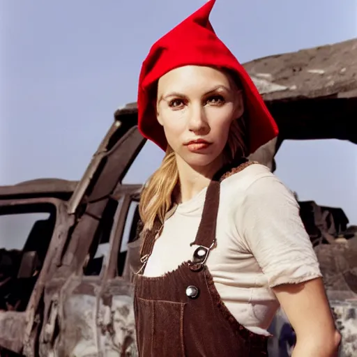 Prompt: close up headshot of a skinny female high-fantasy elf with a long face narrow chin and short spiky blonde hair wearing dark brown overalls and holding a bomb next to a destroyed car, gel spiked blond hair, small ears, narrow lips, high resolution film still, HDR color