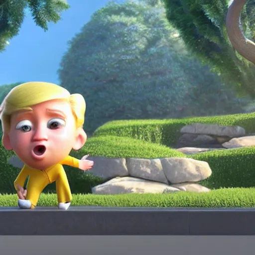 Image similar to a wholesome animation key shot of chibi donald trump, pixar and disney animation, sharp, very detailed, high resolution, rendered in unreal engine 5, key art by greg rutkowski, bloom, dramatic lighting