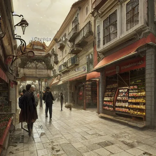 Prompt: a convenience store of 2022 portugal lisbon on the street of a very highly detailed logital matte painting art by Greg Rutkowski, highly logical and striking detailed architecture by alphonse mucha, overgrown gardening by alphonse mucha