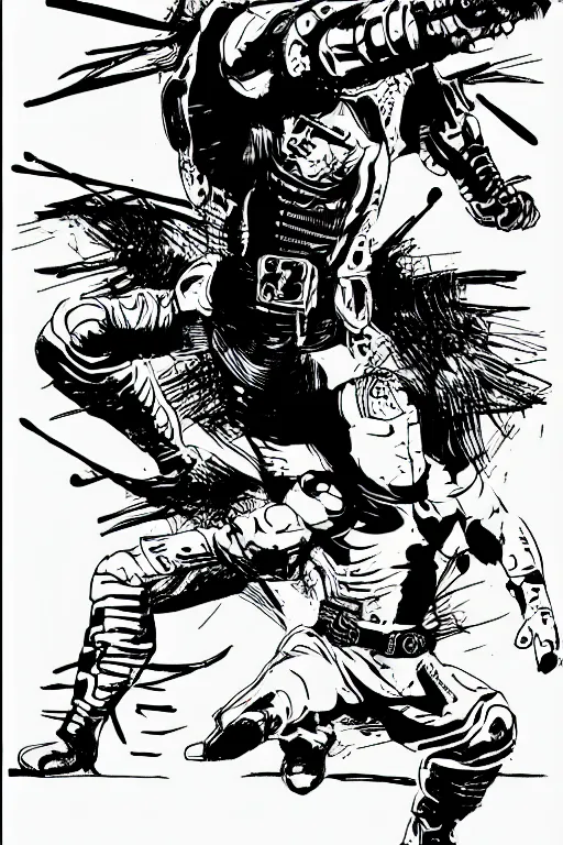 Image similar to cyborg ninja doing kung fu, a page from cyberpunk 2 0 2 0, style of paolo parente, style of mike jackson, adam smasher, johnny silverhand, 1 9 9 0 s comic book style, white background, ink drawing, black and white