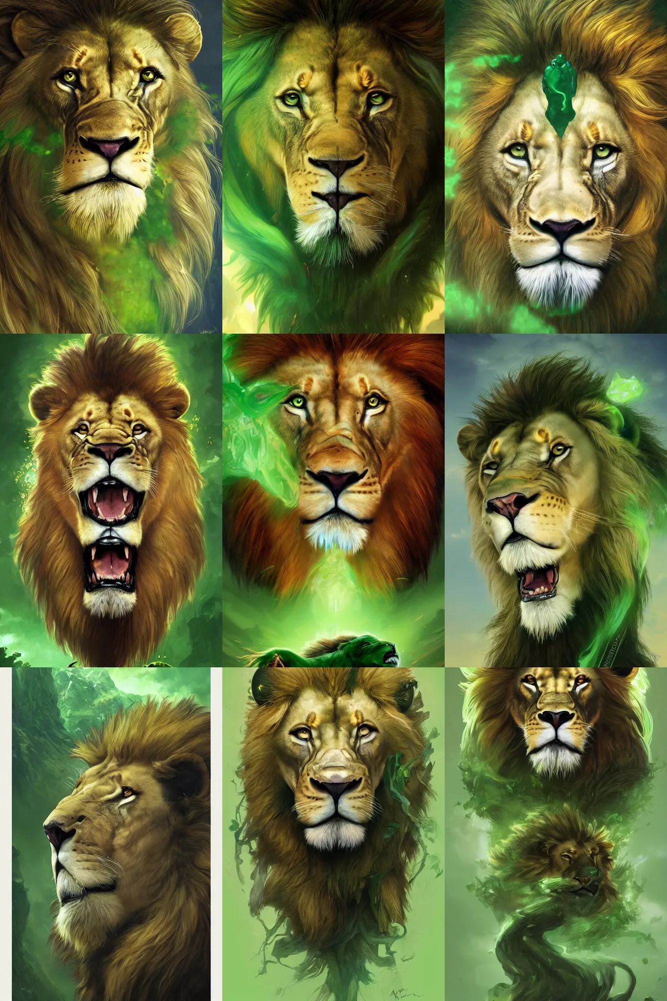 Prompt: ultra realistic illustration, fantasy lion face against a green back for chroma key by artgerm and greg rutkowski and alphonse mucha, medium shot, long shot, constant green background, trending on artstation