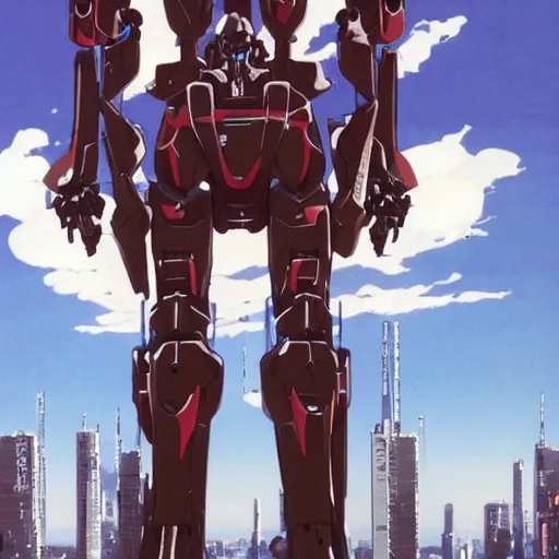 Prompt: 2 0 1 0 s anime screenshot of a sleek, slender, human - scale mecha suit defending the city streets, designed by hideaki anno, drawn by tsutomu nihei, and painted by zdzislaw beksinski