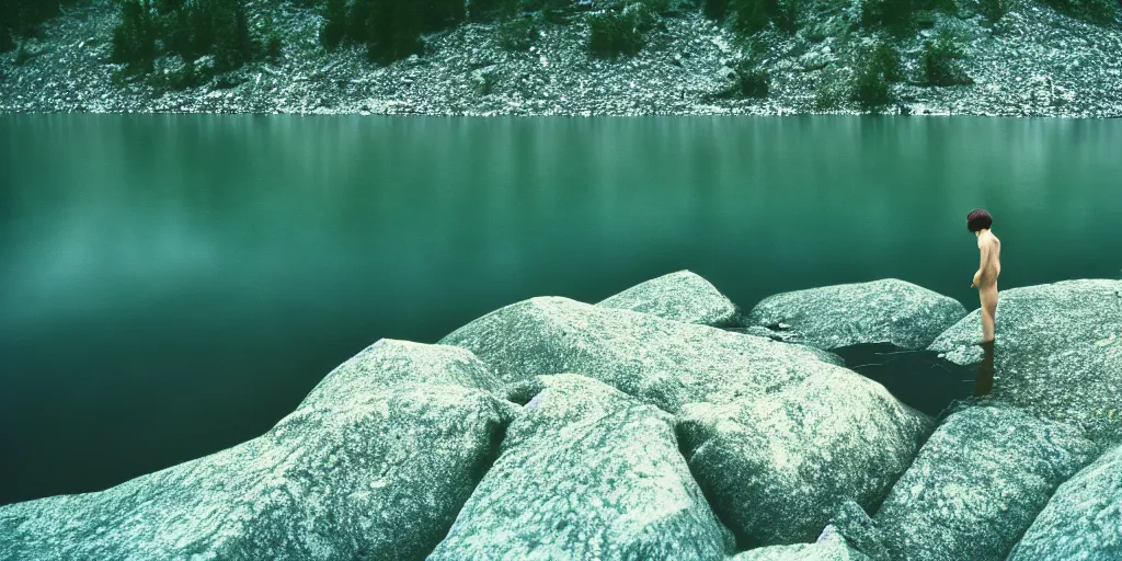 Image similar to rope in the water, in the middle of a rocky lake, eerie vibe, leica, 2 4 mm lens, cinematic screenshot from the 2 0 0 1 film directed by charlie kaufman, kodak color film stock, f / 2 2, 2 4 mm wide angle anamorphic