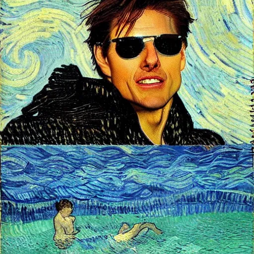 Image similar to Tom Cruise swimming in the sea by Van Gogh