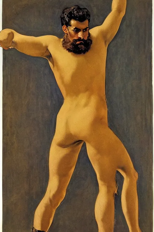 Image similar to persian wrestler man in golden leotard, by j. c. leyendecker