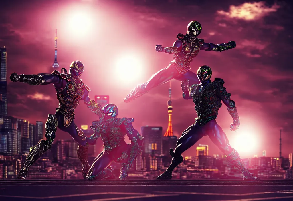 Image similar to huge belt, muscled kamen rider hero action pose, human structure, human anatomy, full body hero, intricate detail, hyperrealistic art and illustration by a. k. a limha lekan a. k. a maxx soul and alexandre ferra, global illumination, blurry and sharp focus, on future tokyo night rooftop, frostbite engine