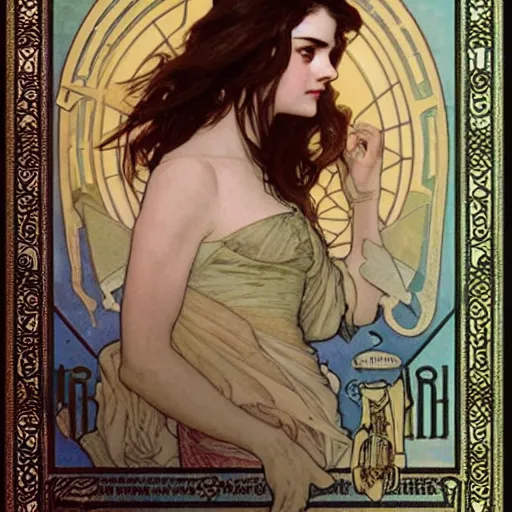 Image similar to a combination of Alexandra Daddario, Maisie Williams, Krysten Ritter, Anne Hathaway and Natalia Dwyer Christina Ricci and Lily Collins by Alphonse Mucha, Magali Villeneuve and Livia Prima