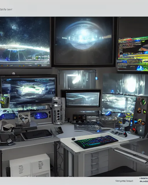 Prompt: scifi scene of a complex computer workstation in a small studio apartment room, many monitors, many electronics, very detailed, maximalism, unreal engine, hyper realism, realistic shading, cinematic composition, realistic render, octane render, detailed textures, photorealistic