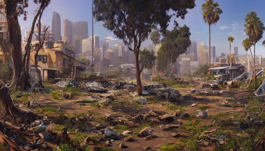 Prompt: Digital painting of the city of Los Angeles abandoned for centuries and covered by vegetations, animals in the streets, sunny day, beautiful, hyperdetailed, artstation, cgsociety, 8k