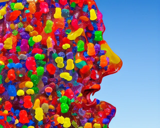 Image similar to a giant sculpture made out of thousands of tons of gummy bears in a human head shape, on the surface of the ocean, in the style of chad knight, long shot, hyper detailed, hyper realistic, ray tracing, 8 k resolution, sharp focus, realistic water, award winning sculpture