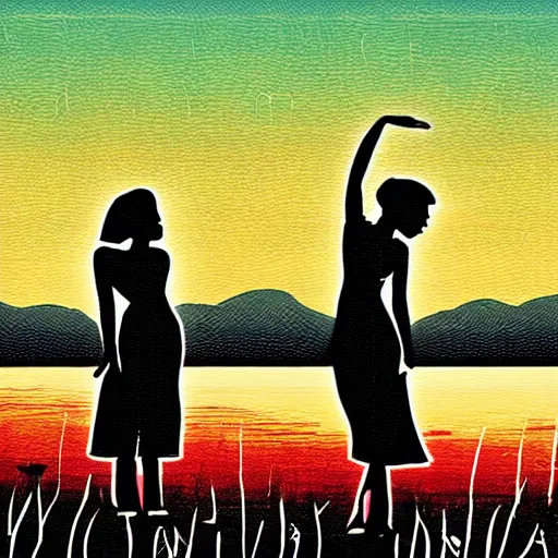 Prompt: the women gathered by the river to dance as the sun set , high quality digital art in the style of Bauhaus,