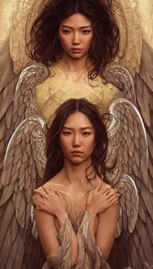 Image similar to archangel, perfectly-centered-Portrait of the most beautiful women on the planet, sweaty, asian, insane, intricate, highly detailed, digital painting, artstation, concept art, smooth, sharp focus, illustration, Unreal Engine 5, 8K, art by artgerm and greg rutkowski and alphonse mucha