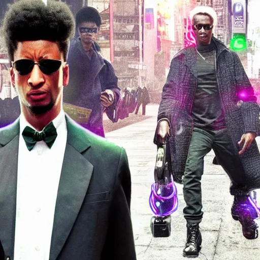 Image similar to boring remake of matrix with 2 1 savage as neo 4 k uhd ultra realistic neon afro futuristic