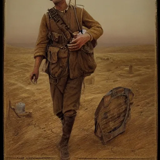 Image similar to a detailed photorealistic sepia - toned color portrait painting of a 1 9 1 7 worried clean - shaven british lieutenant in field gear in north arabia examining an ancient cylindrical clay jar, ultra realistic, intricate details, atmospheric, dark, horror, brooding, highly detailed, by clyde caldwell