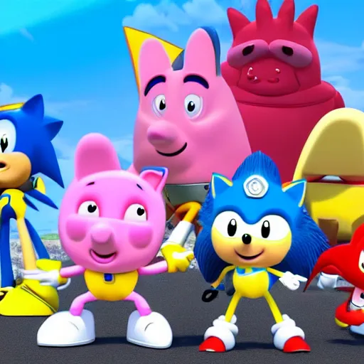 Prompt: sonic, peppa pig and the paw patrol crossover episode, cartoon network stillframe, hd, 4 k, hdr, smooth, sharp focus, high resolution, award - winning