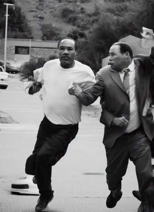 Image similar to norm macdonald running from oj simpson who is carrying a knife, canon 5 d, fuji 8 0 0 3 5 mm, 5 0 mm lens