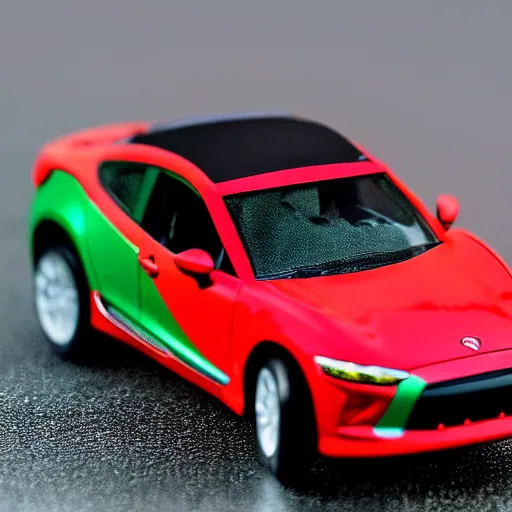 Image similar to a red haired woman driving a Jada toys mitsubishi eclipse green diecast car, high resolution macro photo, viewed through the cars window