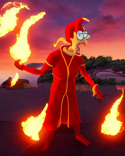 Prompt: squidward tentacles wearing fire nation clothing and practicing firebending outside at susnset. volumetric lighting