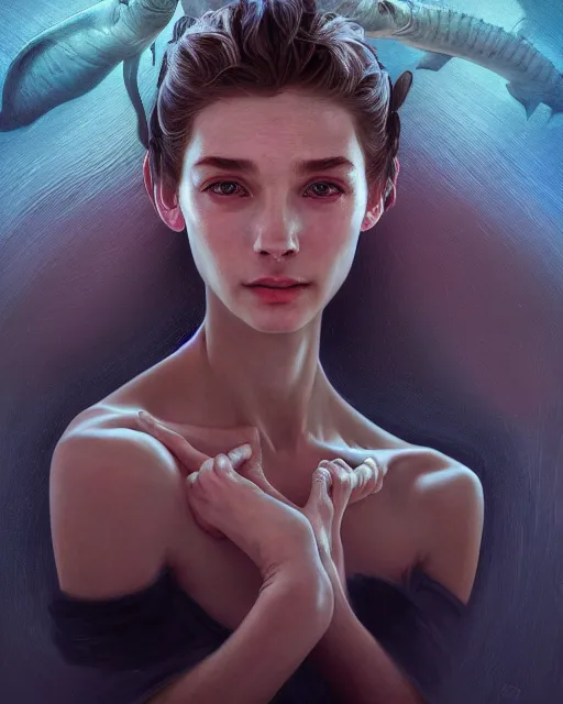 Prompt: portrait of a cute female hammerhead, bioluminescent, veins, horror, happy, highly detailed, digital painting, cinematic, hyperrealism, dark retrowave, art by stanley lau and artgerm and magali villeneuve and alphonse mucha, artstation, octane render, cgsociety