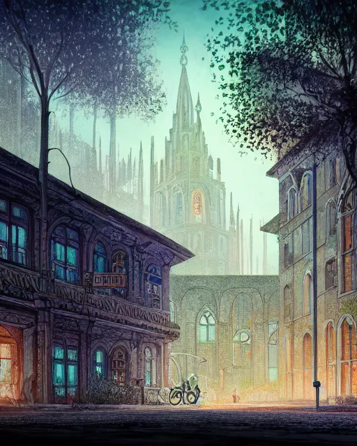 Prompt: a beautiful detailed illustration of city nature urbex unfinished building abbey by camille pissarro, assassin's creed forest laser at night nature studio ghibli lightpaint bladerunner 2 0 4 9 at dusk sunlight neon signs at dawn junglepunk sea infrared darkacademia, archdaily, wallpaper, highly detailed, trending on artstation.