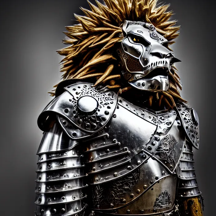 Image similar to photo of a warrior with metal lion themed armour, highly detailed, 4 k, hdr, smooth, sharp focus, high resolution, award - winning photo