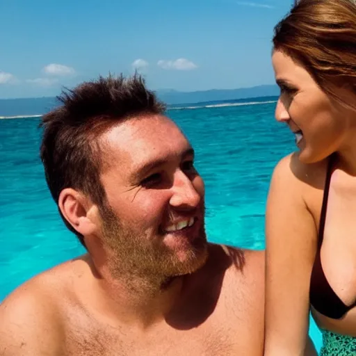 Image similar to photo of a 4 0 year old man that looks young for his age dating a very attractive 2 2 year old woman wearing a bikini. they are swimming.