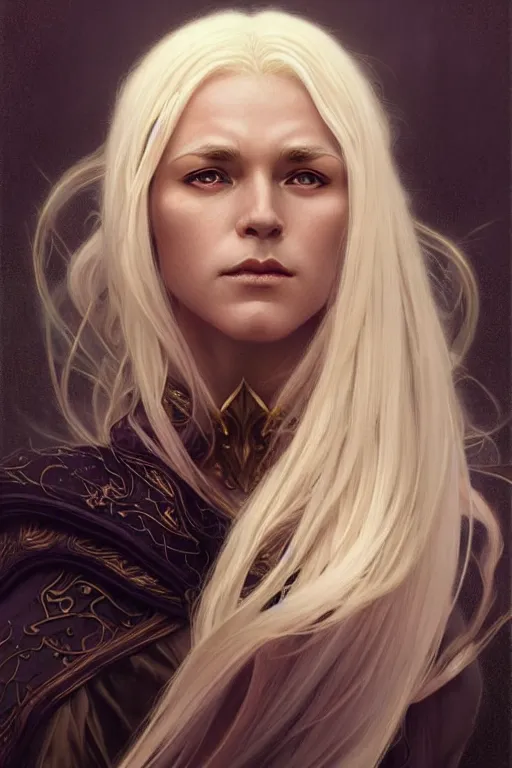 Image similar to portrait of an old blonde elven mage, dark, piercing eyes, gentle expression, elegant clothing, photorealistic, highly detailed, artstation, smooth, sharp focus, art by michael whelan, artgerm, greg rutkowski and alphonse mucha