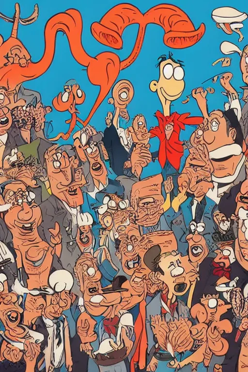 Prompt: concept art, illustration of people tired of bullshit by rayma suprani, peter kuper, ted rall, dr seuss, milt gross, tex avery, by virgil partch, 8 k, uhd