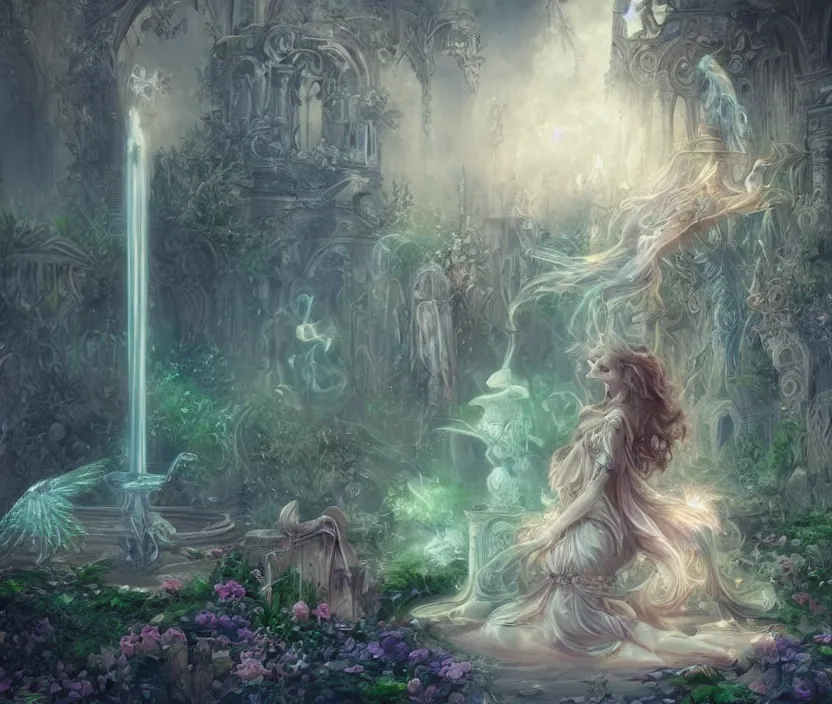 Prompt: Angel knight gothic girl on a beautiful garden, next to a fountain and a mystical palace. By William-Adolphe Bouguerea, Jordan grimmer, fractal flame. Highly_detailded