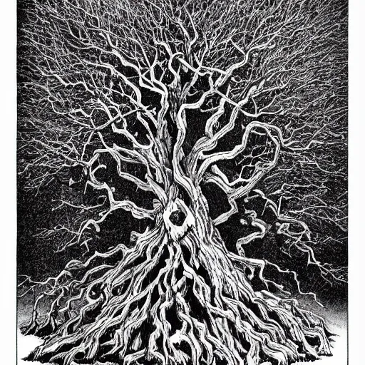 Image similar to Tree of Pain from Hyperion by Kentaro Miura, highly detailed, black and white