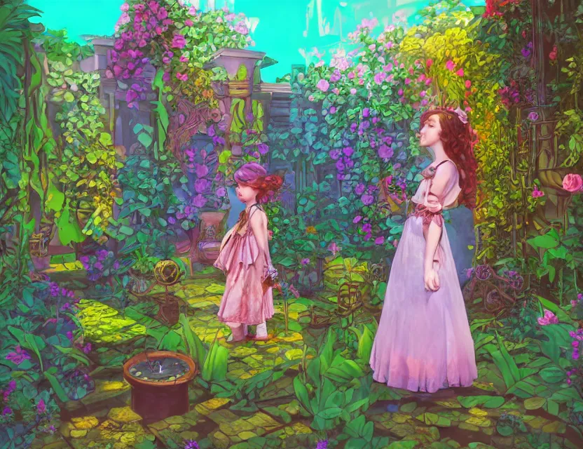 Prompt: little girl in steampunk vaporwave courtyard garden. complementary colors, gouache, indie concept art, bloom, chiaroscuro, backlighting, intricate details.