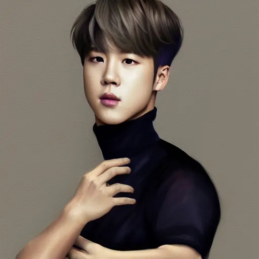 Prompt: wide angle full body portrait of Park Jimin of BTS, with a perfect face and perfect body, thin waist, plump lips, intricate, single face, wearing greek Palla, ethereal, men fall for him, short blonde hair, blue eyes, hunter eyes, highly detailed, digital painting, artstation, concept art, smooth, sharp focus, illustration, Unreal Engine 5, 8K, art by artgerm and greg rutkowski and alphonse mucha