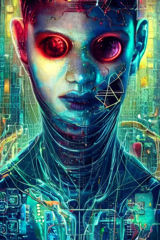 Image similar to portrait of computer & circuits, melting, gems and gold, 8 k, by tristan eaton, stanley artgermm, tom bagshaw, greg rutkowski, carne griffiths, ayami kojima, beksinski, giger, trending on deviantart, face enhance, hyper detailed, minimalist, cybernetic, android, blade runner, full of colour, super detailed