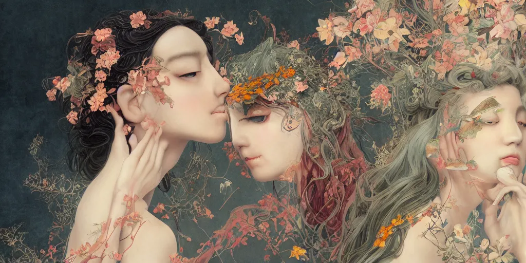 Prompt: breathtaking detailed concept art painting blend of two goddess of autumn by hsiao - ron cheng with anxious piercing eyes, vintage illustration pattern with bizarre compositions blend of flowers and fruits and birds by beto val and john james audubon, exquisite detail, extremely moody lighting, 8 k