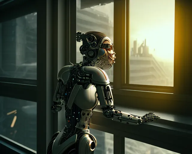 Prompt: portrait of an armored female with biomechanical cybernetic body who is drinking coffee near a window looking outside with dystopian city visible outside. very detailed 8 k. cyberpunk fantasy style. unreal engine render. global illumination. nanite. rtx. path tracing.