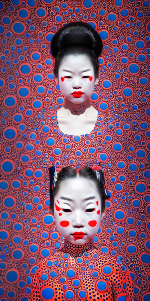 Image similar to hyperrealistic detailed image of a geisha in a art installation room, hd smooth interior by yayoi kusama, part by kei mieno, part by ross tran, dark art by james jean, ultra realistic, highly detailed, life like face, detailed body, 8 k, 3 d render by roger magrini, masterpiece