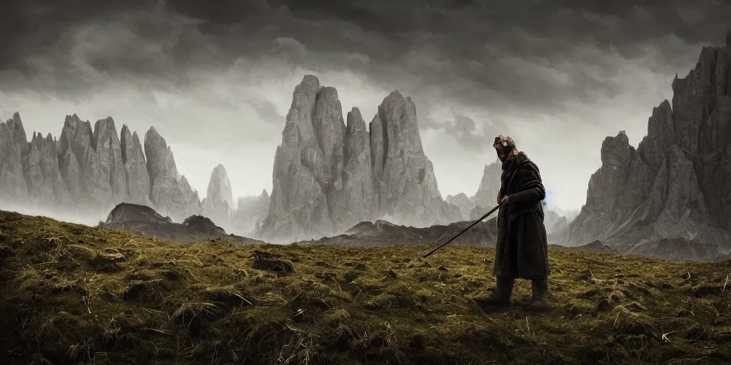 Image similar to alpine farmer transforming into a monster ,roots and hay coat, dolomites in background, dark, eerie, despair, portrait photography, artstation, digital art, concept art, artstation, highly detailed, sharp focus, by caravaggio