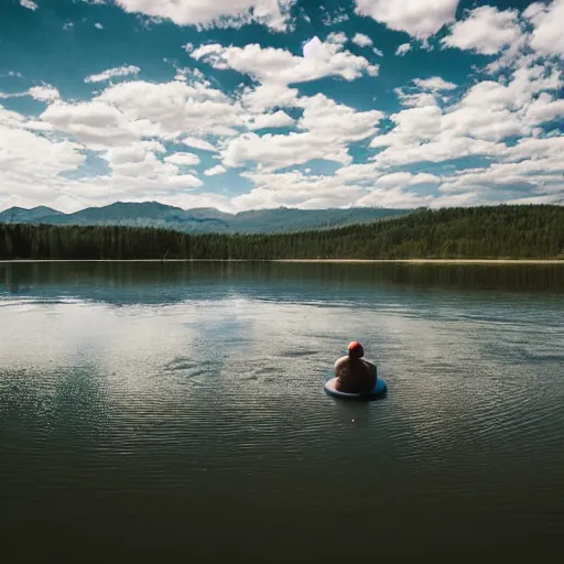 Prompt: Mysty lake, single human floating in the lake in the distance, dark