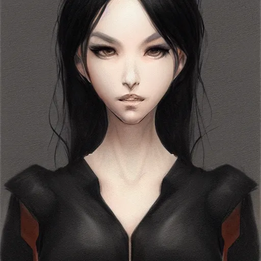 Prompt: a drawing of a woman in a black outfit, concept art by lu ji, cgsociety contest winner, fantasy art, concept art, artstation hd, 2 d game art, game character sheet