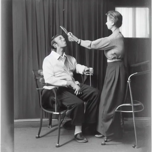 Image similar to a man sitting on a chair having his blood pressure measured by a nurse, photograph