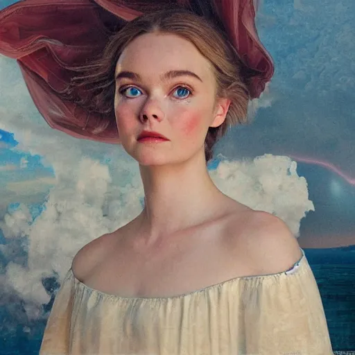 Image similar to Elle Fanning in Santorini at night, head and shoulders portrait, stormy weather, extremely detailed masterpiece, Roger Deakin’s cinematography, oil on canvas, Norman Rockwell,