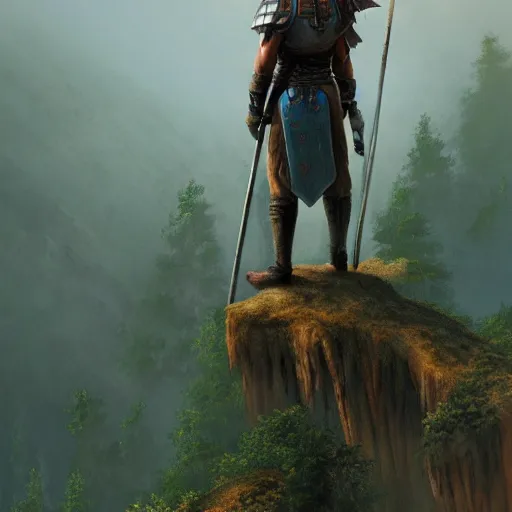 Prompt: a warrior standing on a cliff looking down to the beautiful sight of forest, trending on artstation, realistic, sharp, bold